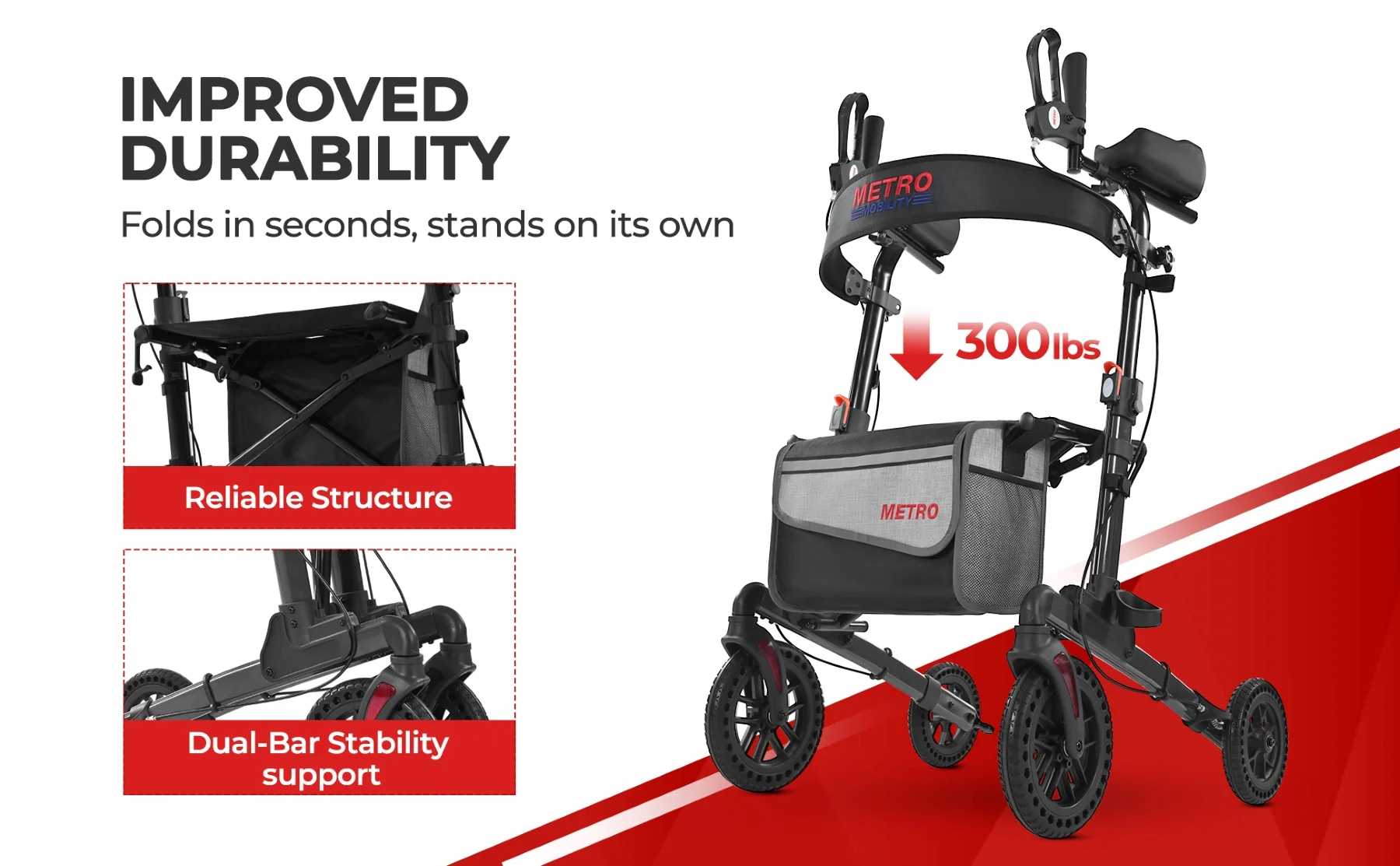 Metro Mobility M905BU Rollator Walker with Seat for Seniors, 10" Big Front Shock-Absorbing Wheels for All Terrain, 300 lb. Weight Capacity, Black - Image 5