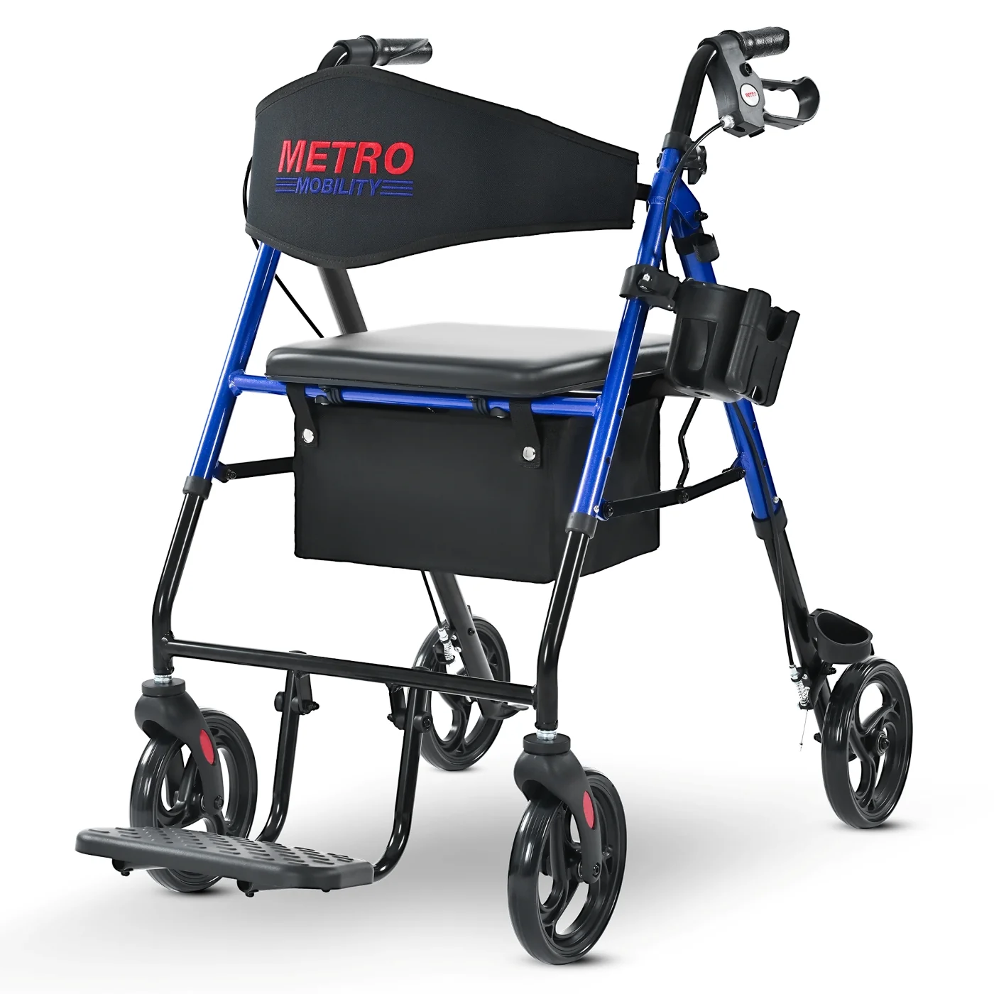 Metro Mobility M913P 2 in 1 Rollator Walker & Transport Wheelchair for Seniors, 8" Big Wheels with Seat for All Terrain, 300 lb. Weight Capacity, Blue