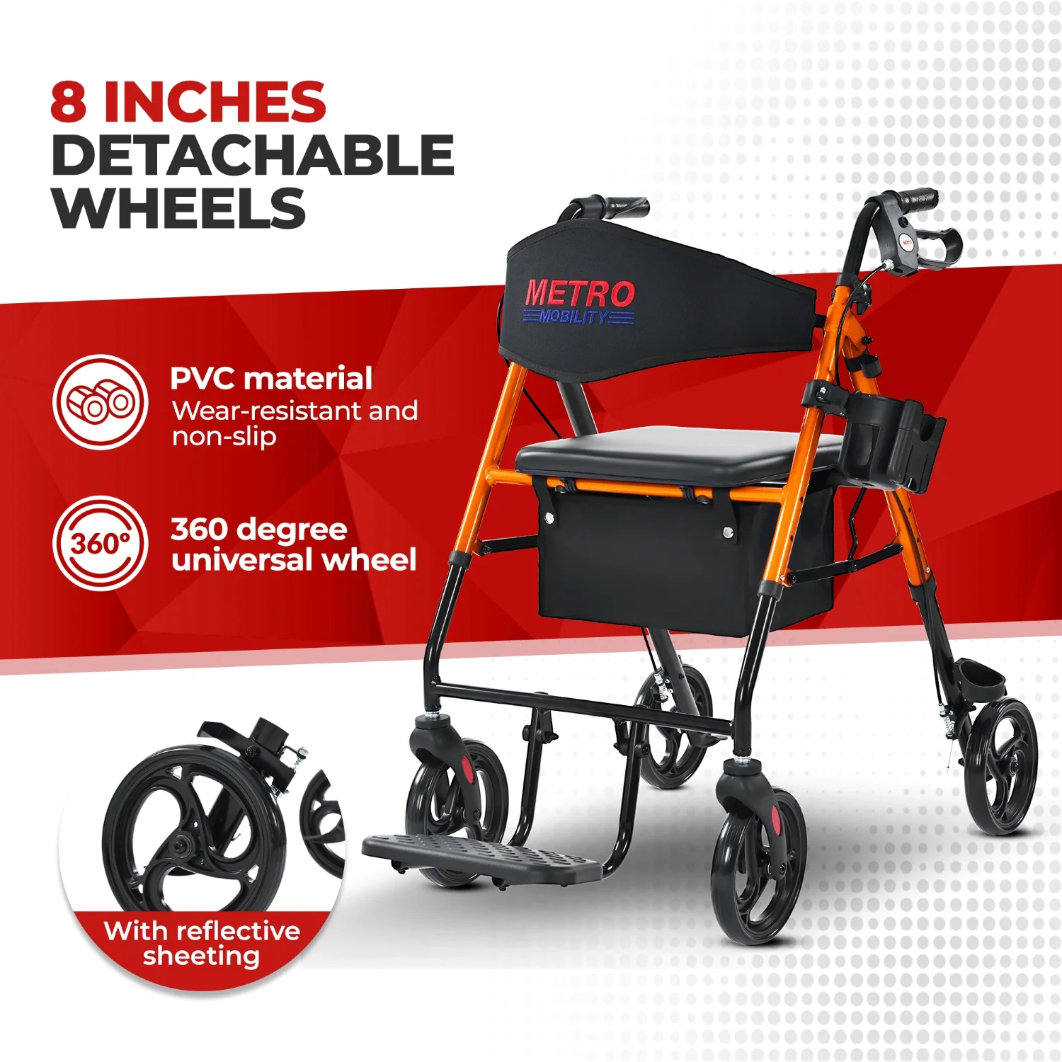 Metro Mobility M913P 2 in 1 Rollator Walker & Transport Wheelchair for Seniors, 8" Big Wheels with Seat for All Terrain, 300 lb. Weight Capacity, Orange - Image 3
