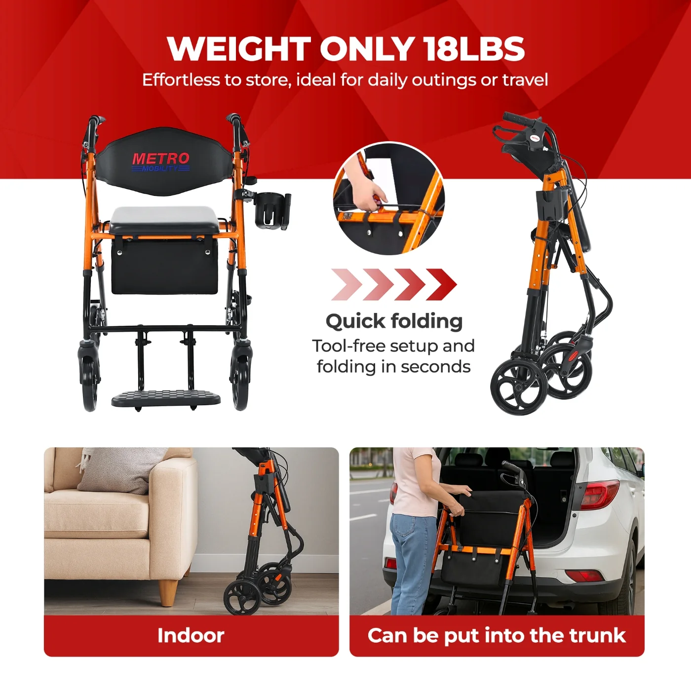 Metro Mobility M913P 2 in 1 Rollator Walker & Transport Wheelchair for Seniors, 8" Big Wheels with Seat for All Terrain, 300 lb. Weight Capacity, Orange - Image 4