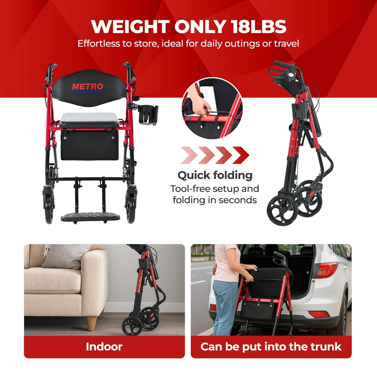 Metro Mobility M913P 2 in 1 Rollator Walker & Transport Wheelchair for Seniors, 8" Big Wheels with Seat for All Terrain, 300 lb. Weight Capacity, Red - Image 4