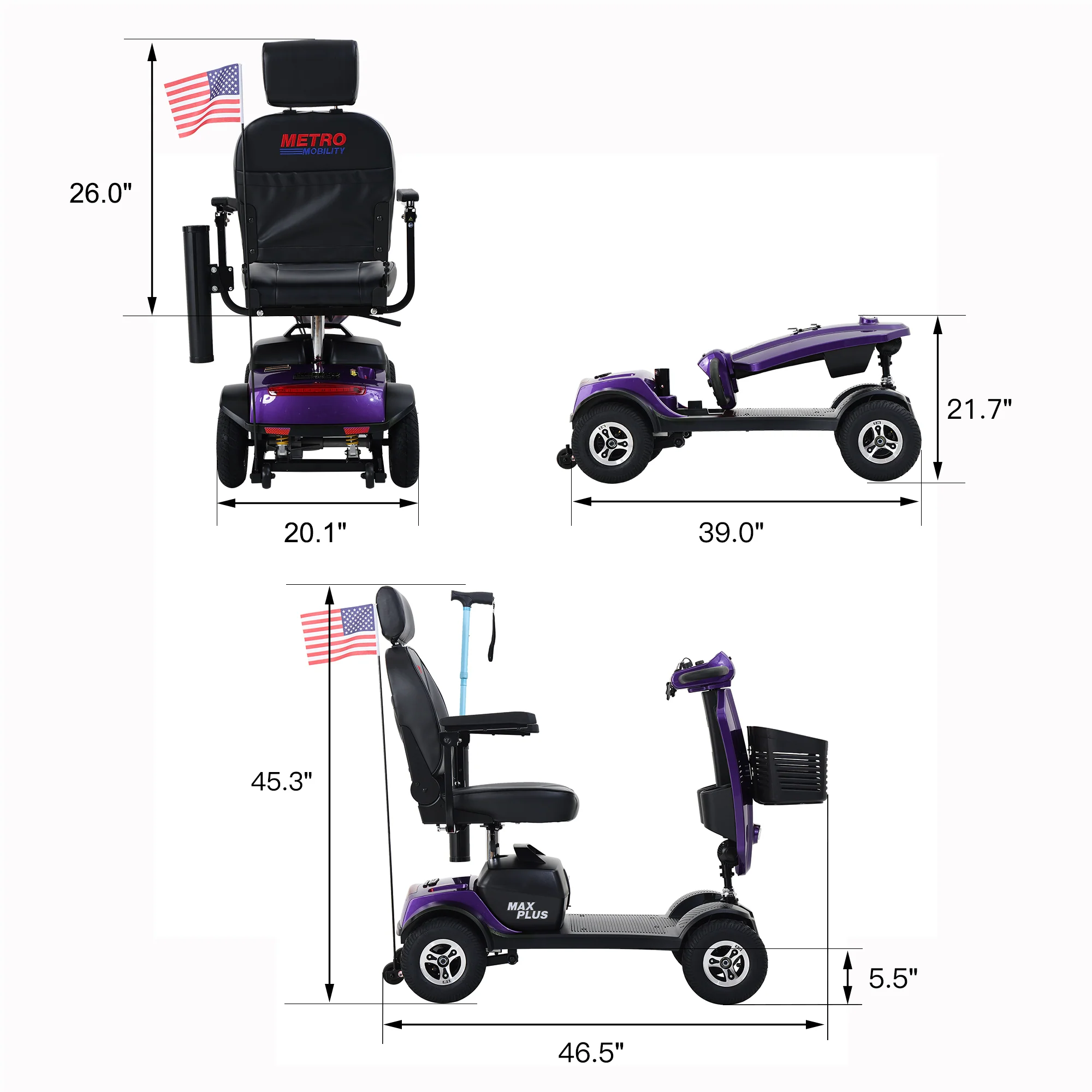 Metro Mobility Elderly Scooter Folding Scooter 4 Wheel Scooter - Dark Purple (MAX Plus) - Image 9